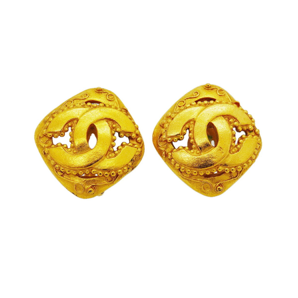 Chanel Earrings, Coco Mark, Diamond Shape, GP Plated Gold, Women's